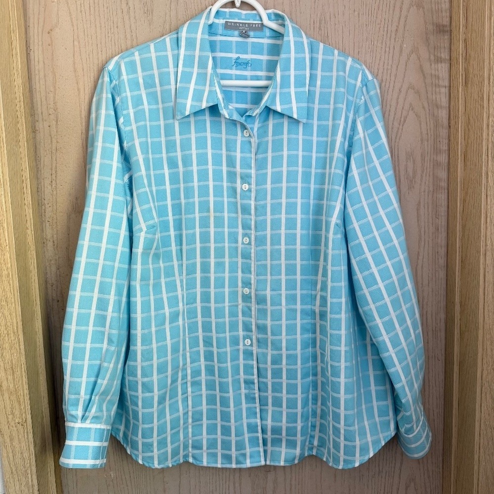Foxcroft Wrinkle Free Fitted Button Down Shirt 16W Turquoise Plaid Office Work